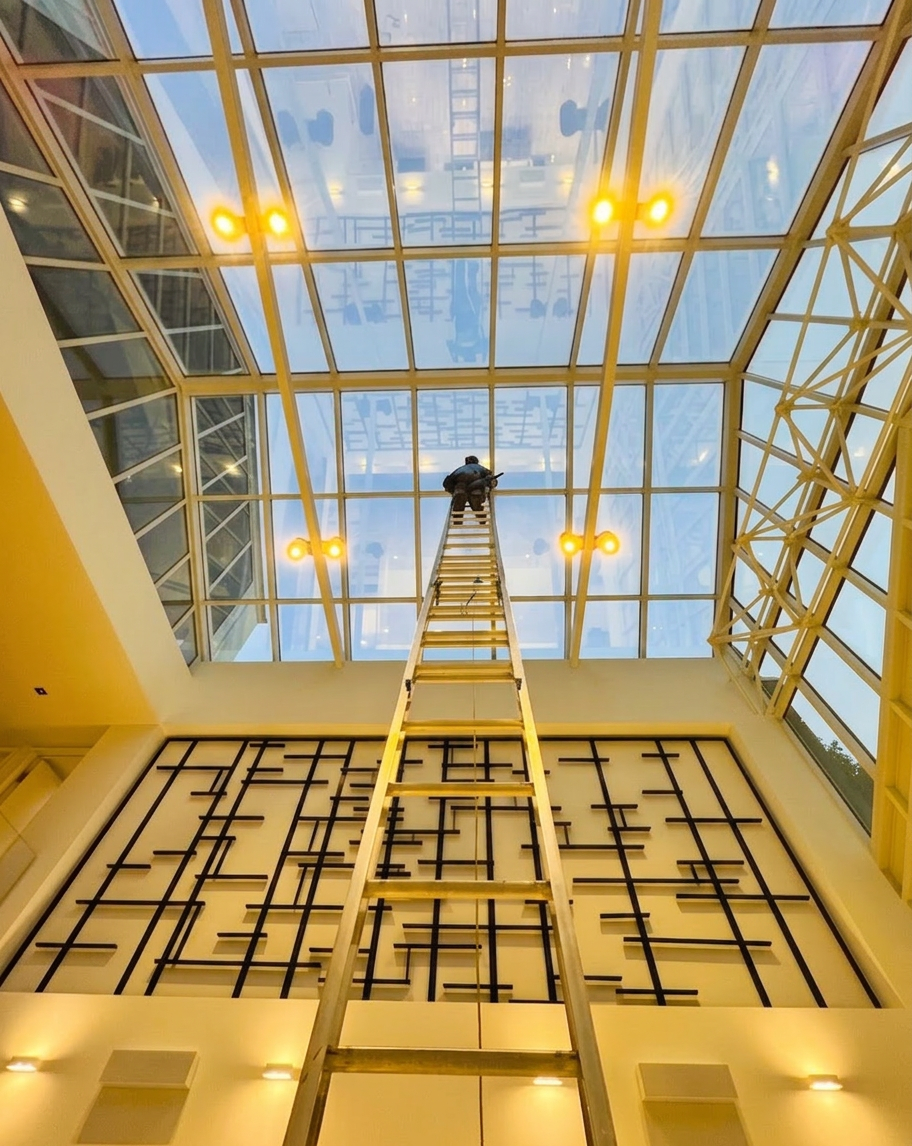 Interior atrium skylight cleaning on tall extension ladder in King City, Ontario